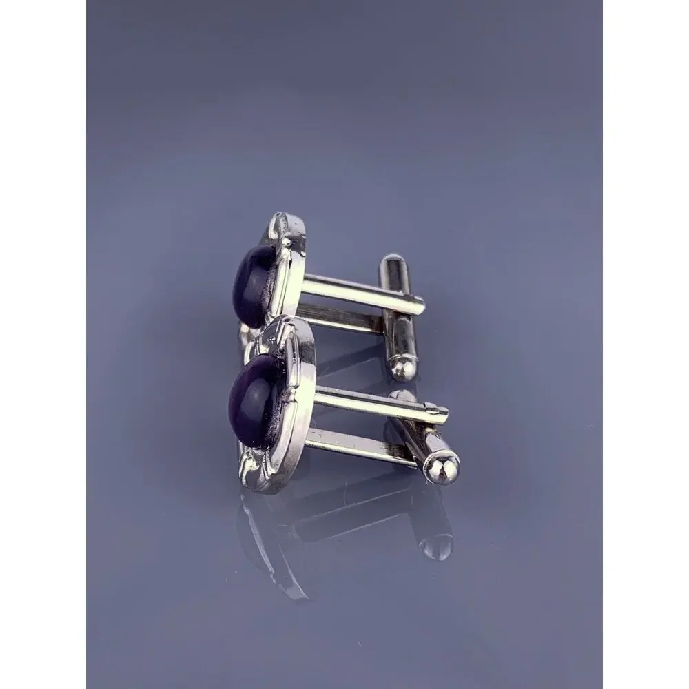 Purple Round Cabochon Cufflinks Silver Tone Modernist Simple Cats Eye Vintage